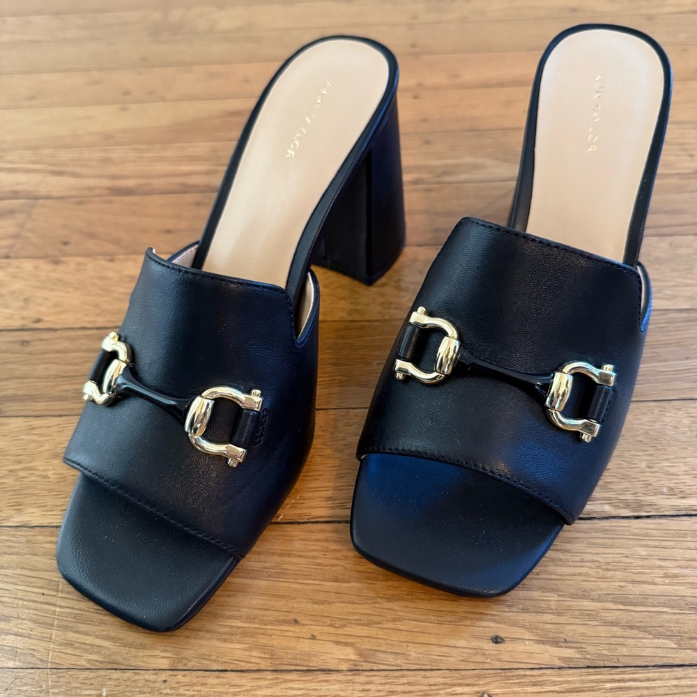 Ann Taylor Black Leather Mules, Horse-bit, Block Heel, Size 8 Sandal